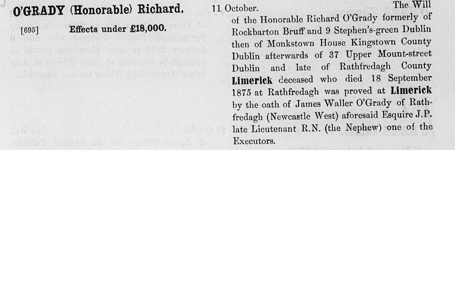 Richard O'Grady will 1875, October 11, 1875, Linked To: <a href='profiles/i113.html' >Richard O’Grady</a>